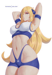 Rule 34 | 1girl, absurdres, armband, armpits, arms behind head, arms up, bare shoulders, blonde hair, blue eyes, blue shorts, breasts, cleavage, creatures (company), cynthia (pokemon), game freak, hair ornament, hair over one eye, highleg, highres, large breasts, long hair, melowh, micro shorts, navel, nintendo, pokemon, pokemon dppt, shorts, solo, sports bra, t-back spats, thighs, very long hair, white sports bra