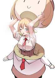 Rule 34 | 1girl, absurdres, arms up, blonde hair, blue eyes, breath, collar, collared shirt, costume, hair between eyes, highres, hololive, hololive english, hosto, necktie, one eye closed, open mouth, shirt, short sleeves, simple background, smol ame, steam, sweat, sweaty clothes, upper body, virtual youtuber, watson amelia, white background