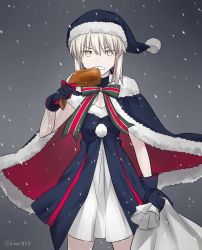 Rule 34 | 1girl, artoria pendragon (fate), bird, blonde hair, capelet, chicken, eating, fate/grand order, fate (series), food, gloves, hat, highres, no legwear, ouhina, saber (fate), saber alter, sack, santa alter, santa hat, snow, solo, yellow eyes