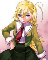 Rule 34 | 1girl, blonde hair, blue eyes, commentary request, green jacket, green skirt, hand on own hip, jacket, lo lis, long hair, mahou tsukai no hako, necktie, one side up, red necktie, school uniform, signature, skirt, smile, solo, sugata sunao