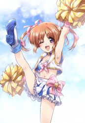 Rule 34 | 1girl, ;d, arm up, blue choker, blue shirt, blue sky, boots, bow, bow skirt, breasts, cheerleader, choker, cloud, cloudy sky, crop top, cropped jacket, day, frilled shirt, frilled skirt, frills, hair ornament, hair ribbon, high heel boots, high heels, highres, holding, holding pom poms, jacket, kuroi mimei, leg up, looking at viewer, lyrical nanoha, mahou shoujo lyrical nanoha, midriff, miniskirt, navel, one eye closed, open mouth, outdoors, pink bow, pink ribbon, pleated skirt, pom pom (cheerleading), pom poms, ribbon, shirt, short hair, skirt, sky, sleeveless, sleeveless jacket, small breasts, smile, solo, standing, star (symbol), star choker, star hair ornament, takamachi nanoha, twintails, white footwear, white jacket, white skirt, wristband