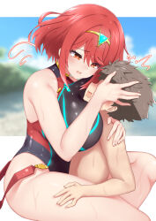 Rule 34 | 1boy, 1girl, accidental pervert, between breasts, bob cut, breasts, brown hair, competition swimsuit, face to breasts, head between breasts, highres, holding, hug, large breasts, leg grab, legs, one-piece swimsuit, pyra (pro swimmer) (xenoblade), pyra (xenoblade), red eyes, red hair, rex (xenoblade), short hair, swimsuit, thighs, tsumiki yuki, xenoblade chronicles (series), xenoblade chronicles 2