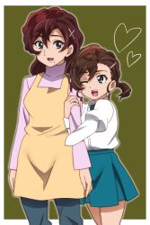 Rule 34 | 2girls, ;d, apron, arm hug, blue eyes, blue pants, blue skirt, brown hair, gegege no kitarou, green background, hair between eyes, hair ornament, hairclip, heart, inuyama junko, inuyama mana, long hair, long sleeves, looking at another, mature female, miniskirt, mole, mole under mouth, mother and daughter, multiple girls, official style, one eye closed, onomekaman, open mouth, pants, pink sweater, puffy long sleeves, puffy sleeves, school uniform, shirt, short hair, short ponytail, skirt, smile, sweater, white shirt, x hair ornament