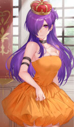 Rule 34 | 1girl, alternate costume, breasts, choker, cleavage, closed mouth, commentary, crown, dress, fire emblem, fire emblem: three houses, fire emblem warriors: three hopes, hair bun, hair over one eye, haru (nakajou-28), highres, large breasts, long hair, looking at viewer, nintendo, purple eyes, purple hair, shez (female) (fire emblem), shez (fire emblem), single hair bun, smile, solo