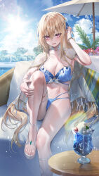 Rule 34 | 1girl, absurdres, bikini, blonde hair, blue bikini, blush, bracelet, breasts, cleavage, collarbone, commentary request, flower, foot out of frame, hair between eyes, hair ornament, hand up, heaven burns red, heirou, highres, jewelry, large breasts, long hair, navel, outdoors, parasol, parted lips, purple eyes, sandals, shirakawa yuina, sitting, smile, solo, sparkle, sun, sunlight, swimsuit, table, thighs, umbrella, white footwear