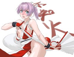 Rule 34 | 1girl, blue eyes, blush, breasts, character name, folded fan, commentary request, cosplay, cowboy shot, embarrassed, fatal fury, folding fan, gauntlets, hand fan, highres, kantai collection, looking at viewer, name connection, nose blush, panties, pelvic curtain, pink hair, ponytail, red panties, revealing clothes, shiranui (kancolle), shiranui mai, shiranui mai (cosplay), short hair, simple background, small breasts, solo, sozan, the king of fighters, underwear, white background