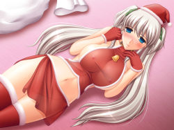 Rule 34 | 1girl, bell, blue eyes, blush, breasts, christmas, covered erect nipples, gloves, huge breasts, kafu (logaemon), long hair, lying, mabinogi, midriff, nao (mabinogi), red gloves, santa costume, see-through, solo, thighhighs, twintails, uncensored, white hair