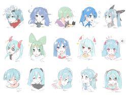 Rule 34 | !, aqua eyes, avant-garde (module), bless you (module), blue eyes, blue hair, blush, bow, bowtie, braid, calc. (vocaloid), closed eyes, collar, commentary, dou iu koto nano!? (vocaloid), facial mark, flower, fur trim, furrowed brow, ghost rule (vocaloid), glasses, green eyes, green hair, hair flower, hair ornament, hatsune miku, headgear, headphones, high fever (module), highres, horns, lady-ichiko, long hair, looking at viewer, looking away, multiple persona, nervous, odds &amp; ends (vocaloid), open mouth, pajama party (module), pink eyes, ponytail, portrait, project diva (series), purple collar, purple eyes, rose, sailor collar, satisfaction (kz) (vocaloid), shinkai shoujo (vocaloid), shirt, side ponytail, slow motion (vocaloid), sparkle, squiggle, time machine (vocaloid), twin braids, twintails, twitter username, umiyuri kaiteitan (vocaloid), vocaloid, white flower, white rose, white shirt