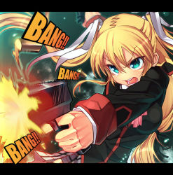 Rule 34 | 1girl, angry, blonde hair, blue eyes, casing ejection, female focus, finger gun, firing, gun, handgun, holding, holding gun, holding weapon, is ii, letterboxed, little busters!, long hair, muzzle flash, pistol, shell casing, solo, tokido saya, twintails, weapon