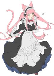 Rule 34 | 1girl, absurdres, animal ears, black bow, blue eyes, blush, bow, cat ears, dress, frills, heart, highres, maid, maid headdress, open mouth, original, pink hair, pink tail, red bow, red neckwear, sankomichi, simple background, sketch, smile, solo, standing, tail, white background