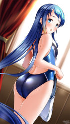 Rule 34 | 1girl, absurdly long hair, ass, bare shoulders, black one-piece swimsuit, blue eyes, blue hair, blue one-piece swimsuit, breasts, commentary request, competition swimsuit, curtains, dated, dutch angle, from behind, gradient hair, highleg, highleg swimsuit, highres, kantai collection, long hair, looking at viewer, multicolored hair, one-piece swimsuit, open mouth, samidare (kancolle), signature, small breasts, solo, swept bangs, swimsuit, tsuchimiya, very long hair, window, wooden wall