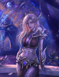 Rule 34 | 1girl, armor, artist name, bikini, bodysuit, breasts, colored skin, commentary, elf, english commentary, highres, large breasts, long hair, looking to the side, midriff, nightborne, original, ornament, pointy ears, purple eyes, purple skin, solo, swimsuit, tatiana hordiienko, warcraft, white hair, world of warcraft