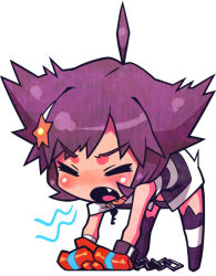 Rule 34 | 1girl, all fours, animal ears, blush, boxing gloves, cat ears, cat girl, chain, closed eyes, criminal girls, fang, female focus, full body, ichihaya, nippon ichi, official art, open mouth, sako (criminal girls), shirt, short hair, simple background, solo, striped clothes, striped shirt, striped thighhighs, thighhighs, white background