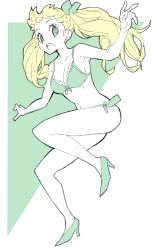 Rule 34 | 1girl, :o, absurdres, bad id, bad twitter id, bare arms, bare legs, bare shoulders, bikini, blonde hair, blue eyes, bow, breasts, bright pupils, copyright request, donguri suzume, green bikini, green bow, green footwear, hair bow, high heels, highres, jumping, large breasts, looking at viewer, open mouth, round teeth, side-tie bikini bottom, solo, swimsuit, teeth, twintails