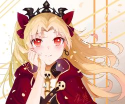 Rule 34 | 1girl, blonde hair, blush, cape, commentary, crown, earrings, ereshkigal (fate), fate/grand order, fate (series), hand in own hair, holding, holding own hair, jewelry, looking at viewer, red cape, red eyes, red ribbon, ribbon, signature, skull, skull collar, smile, solo, user aatr2737