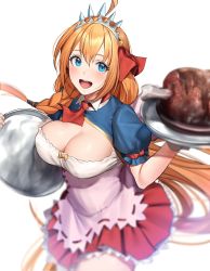 Rule 34 | 1girl, ahoge, apron, blue eyes, boned meat, braid, breasts, cleavage cutout, clothing cutout, food, hair between eyes, highres, hiyashi mirano, large breasts, long hair, meat, orange hair, pecorine (princess connect!), pleated skirt, princess connect!, simple background, skirt, solo, tiara, tray, very long hair, white background