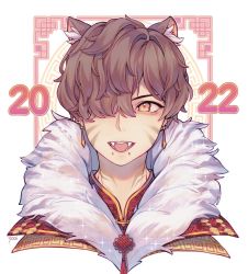 Rule 34 | 1boy, 2022, animal ear fluff, animal ears, anny (yoai), artist name, brown hair, cat ears, chinese clothes, chinese commentary, chinese new year, commentary request, earrings, facial mark, fur collar, green eyes, hair between eyes, hair over one eye, highres, jewelry, looking at viewer, messy hair, mole, mole under eye, original, short hair, simple background, solo, sparkle, very short hair, whisker markings, white background