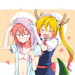 Rule 34 | 10s, 2girls, :/, :d, ^ ^, artist name, blonde hair, blue shirt, blush, bra, breasts, cleavage, closed eyes, closed mouth, collarbone, constricted pupils, dragon girl, dragon horns, dragon tail, drying, drying hair, closed eyes, fangs, frilled sleeves, frills, gloves, gradient hair, hair between eyes, hair down, head tilt, heart, holding, holding towel, horns, kobayashi-san chi no maidragon, kobayashi (maidragon), large tail, long hair, looking at viewer, multicolored hair, multiple girls, nightea, no eyewear, open clothes, open mouth, open shirt, orange hair, pink bra, pink hair, puffy short sleeves, puffy sleeves, red hair, shirt, short sleeves, signature, small breasts, smile, tail, tohru (maidragon), towel, towel on head, twintails, twitter username, underwear, very long hair, wet, white gloves