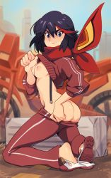 Rule 34 | 1girl, alternate costume, ass, black hair, blue eyes, breasts, butt crack, clothes pull, frown, full body, highres, huge filesize, jacket, kill la kill, kneeling, matoi ryuuko, medium breasts, neckerchief, nipples, no bra, no panties, pants, pants pull, perky breasts, pulled by self, red jacket, red pants, senketsu, shoes, short hair, sneakers, solo, squeezable (squeezabledraws), suspenders hanging, symbol-shaped pupils, track jacket, track pants, track suit, undressing