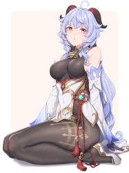 Rule 34 | 1girl, :o, ahoge, arm support, bare shoulders, bell, black bodysuit, black pantyhose, blue gloves, blue hair, blush, bodystocking, bodysuit, breasts, brown eyes, chinese knot, commentary request, detached sleeves, duplicate, fangxiang cuoluan, flower knot, full body, ganyu (genshin impact), genshin impact, gloves, gold trim, gradient clothes, high heels, highres, horns, large breasts, long hair, looking at viewer, low ponytail, neck bell, pantyhose, pixel-perfect duplicate, red rope, rope, sideboob, sidelocks, simple background, sitting, skin tight, solo, tassel, thigh strap, thighlet, thighs, vision (genshin impact), waist cape, white background, white sleeves