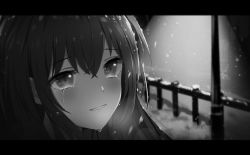 Rule 34 | 1girl, blush, commentary request, crying, crying with eyes open, greyscale, hair between eyes, happy tears, highres, lamppost, letterboxed, mige shijiu, monochrome, original, snowing, solo, tears, upper body
