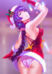 Rule 34 | 1girl, arm up, ass, bakemonogatari, bare shoulders, bell, blue eyes, blurry, blurry background, braid, braided ponytail, breasts, christmas, commentary request, cowboy shot, dress, eyelashes, from behind, fur-trimmed dress, fur trim, gloves, hair ornament, hair scrunchie, hat, hat ornament, head tilt, highres, lips, long braid, long hair, looking at viewer, looking back, medium breasts, mistletoe hair ornament, monogatari (series), panties, parted lips, pink panties, print panties, purple hair, rapa rachi, red dress, red gloves, redrawn, ribbon, santa costume, santa gloves, santa hat, scrunchie, senjougahara hitagi, shiny clothes, shiny skin, short dress, sideboob, sidelocks, solo, standing, swept bangs, underwear, yellow ribbon