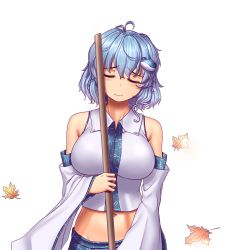 Rule 34 | 1girl, alternate costume, antenna hair, blue hair, breasts, commentary, cosplay, cowboy shot, crop top, detached sleeves, closed eyes, frog hair ornament, hair ornament, hater (hatater), highres, kochiya sanae, kochiya sanae (cosplay), large breasts, leaf, maple leaf, midriff, navel, nontraditional miko, short hair, simple background, sleeveless, snake hair ornament, solo, tatara kogasa, touhou, white background, wide sleeves