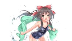 Rule 34 | 1girl, alternate costume, blue one-piece swimsuit, blush, bow, breasts, brown hair, collarbone, colorized, hair bow, hair tubes, hakurei reimu, impossible clothes, impossible swimsuit, kami200819, kani biimu, leaning forward, looking at viewer, medium breasts, navel, one-piece swimsuit, open mouth, short hair, sidelocks, simple background, solo, swimsuit, touhou, towel, water drop, white background, yellow eyes
