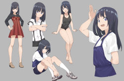 Rule 34 | 1girl, :d, barefoot, black hair, black one-piece swimsuit, black shorts, brown footwear, collared shirt, crossed arms, deatheach, dress, dress shirt, hands on own hips, highres, invisible chair, kneehighs, long hair, long sleeves, multiple views, one-piece swimsuit, open mouth, original, overalls, purple eyes, raised eyebrow, shirt, shoes, short dress, short sleeves, shorts, sitting, smile, socks, standing, striped, suspenders, suspenders slip, swimsuit, t-shirt, tying shoes, variations, vertical stripes, white shirt, white socks