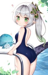 Rule 34 | ?, absurdres, ass, bare shoulders, blush, elf, genshin impact, green eyes, highres, looking at viewer, nahida (genshin impact), one-piece swimsuit, pointy ears, ponytail, pool, pool ladder, school swimsuit, shi zhuzi da, swimsuit, symbol-shaped pupils, thighs, white hair