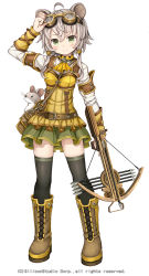 Rule 34 | 1girl, age of ishtaria, ahoge, animal ears, arrow (projectile), ascot, bag, belt, black thighhighs, boots, bow (weapon), company name, copyright notice, cross-laced footwear, crossbow, dress, eyebrows, full body, goggles, goggles on head, green eyes, hair between eyes, hand on own head, handbag, highres, holding, holding weapon, lace-up boots, long hair, mouse (animal), mouse ears, namaru (summer dandy), official art, silver hair, smile, solo, thighhighs, toki no ishutaria, twintails, weapon