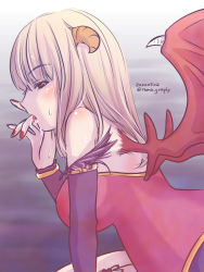 Rule 34 | 1girl, arm warmers, blonde hair, blue eyes, blush, breasts, brown horns, commentary request, demon girl, demon horns, demon wings, dress, horns, large breasts, licking, licking finger, long hair, looking at viewer, looking to the side, nail polish, open mouth, profile, ragnarok masters, ragnarok online, red dress, red eyes, red nails, red wings, saliva, strapless, strapless dress, succubus (ragnarok online), tomo-graphy, upper body, wings