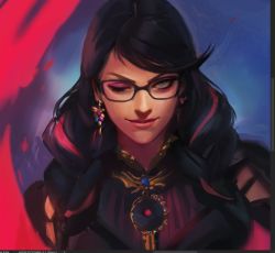 Rule 34 | 1girl, bayonetta, bayonetta (series), bayonetta 3, black hair, braid, clothing cutout, commentary, earrings, english commentary, glasses, gloves, jewelry, julia shii, lipstick, long hair, looking at viewer, makeup, one eye closed, red hair, simple background, solo, weapon