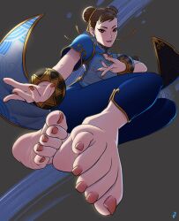 Rule 34 | 1girl, absurdres, barefoot, capcom, chinese clothes, chun-li, feet, female focus, foot focus, highres, looking at viewer, mohoshadream, nail polish, street fighter, street fighter 6, toenail polish, toenails, toes
