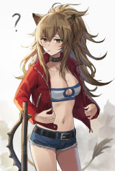 Rule 34 | 1girl, ?, animal ears, arknights, bandeau, belt, black choker, blue shorts, blush, breasts, brown eyes, brown hair, candy, choker, cleavage, cleavage cutout, clothing cutout, collarbone, commentary, cosplay, cowboy shot, cutoffs, denim, denim shorts, fate/apocrypha, fate (series), food, highres, jacket, large breasts, lion ears, lion girl, lion tail, lollipop, long hair, long sleeves, looking at viewer, medium breasts, midriff, mordred (fate), mordred (fate) (cosplay), mordred (fate/apocrypha), mordred (memories at trifas) (fate), navel, open clothes, open jacket, ponytail, red jacket, short shorts, shorts, siege (arknights), simple background, solo, standing, stomach, tail, thighs, tonee, weapon
