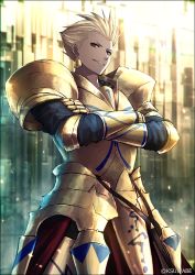 Rule 34 | 1boy, armor, blonde hair, breastplate, crossed arms, crotch plate, earrings, fate/grand order, fate (series), faulds, gauntlets, gilgamesh (fate), gold armor, gold earrings, jewelry, k-suwabe, looking at viewer, male focus, pauldrons, red eyes, short hair, shoulder armor, smirk, solo, standing, twitter username