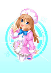 Rule 34 | 1girl, :d, absurdres, blue background, blue eyes, blush, boots, brown hair, coat, full body, fur-trimmed boots, fur-trimmed jacket, fur-trimmed sleeves, fur trim, grey skirt, hair between eyes, hand up, hat, highres, jacket, long hair, looking at viewer, moesode i, neptune (series), open mouth, pantyhose, pink coat, pink footwear, pleated skirt, pom pom (clothes), ram (neptunia), skirt, smile, solo, star (symbol), starry background, waving, white pantyhose