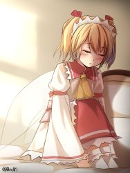 Rule 34 | 1girl, apron, artist name, ascot, bed, closed eyes, dress, fairy, fairy wings, juliet sleeves, long sleeves, maid headdress, on bed, open mouth, pokio, puffy sleeves, shadow, sitting, sleeping, socks, solo, sunlight, sunny milk, touhou, twintails, waist apron, white dress, wings, yellow ascot