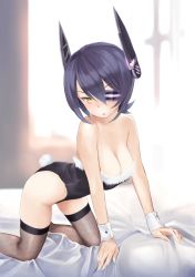 Rule 34 | 10s, 1girl, all fours, bare shoulders, bed, black hair, breasts, rabbit tail, cleavage, cuffs, eyepatch, fishnets, highres, kannagi tsukasa, kantai collection, large breasts, short hair, solo, tail, tenryuu (kancolle), wa (genryusui), wrist cuffs, yellow eyes