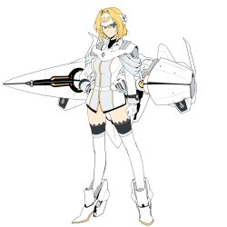 Rule 34 | 1girl, blonde hair, blue eyes, crossover, galactic empire (gin&#039;eiden), ginga eiyuu densetsu, gloves, hair intakes, halcon, hand on own hip, headgear, kantai collection, looking at viewer, mecha musume, original, parody, short hair, simple background, smile, solo, spacecraft, thighhighs, white background, white gloves