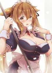 Rule 34 | 1girl, adapted costume, alternate costume, apron, black dress, blush, breasts, brown eyes, cleavage, detached collar, dress, enmaided, frilled apron, frills, hair between eyes, hair flaps, highres, kantai collection, large breasts, light brown hair, long hair, looking at viewer, maid, maid apron, maid headdress, murasame (kancolle), neckerchief, puffy short sleeves, puffy sleeves, red neckerchief, short sleeves, twintails, two side up, waist apron, white apron, white background, wrist cuffs, yomitsuna
