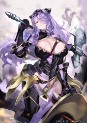 Rule 34 | 1girl, ario, armor, armored boots, axe, black armor, black footwear, black panties, boots, breasts, camilla (fire emblem), cleavage, dragon, fire emblem, fire emblem fates, groin, hair over one eye, large breasts, lips, long hair, looking at viewer, nintendo, panties, purple eyes, purple hair, solo, thighs, tiara, underwear, very long hair, wavy hair, weapon, wyvern