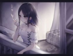 Rule 34 | 1girl, bad id, bad pixiv id, bare shoulders, between fingers, black choker, black hair, blurry, blurry background, breasts, brown eyes, choker, cigarette, cleavage, closed mouth, commentary request, curtains, depth of field, detached sleeves, dress, ear piercing, hand up, holding, holding cigarette, long hair, looking away, money, multicolored hair, original, parted bangs, piercing, puffy short sleeves, puffy sleeves, purple hair, railing, short sleeves, small breasts, smoke, solo, strapless, strapless dress, transparent, tsuruse, two-tone hair, white dress, white sleeves