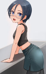 Rule 34 | 1girl, arm support, black hair, black pantyhose, blue eyes, breasts, from side, girls und panzer, glasses, green skirt, grey-framed eyewear, highres, kitayama miuki, looking at viewer, open mouth, pantyhose, rumi (girls und panzer), semi-rimless eyewear, skirt, small breasts, smile, solo, under-rim eyewear