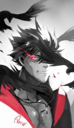 Rule 34 | 1boy, bird, black hair, character name, cross, cross necklace, crow, glowing, glowing eye, gradient background, grin, jewelry, kuma (bloodycolor), looking at viewer, male focus, monochrome, necklace, qrow branwen, red eyes, rwby, smile, solo, spot color