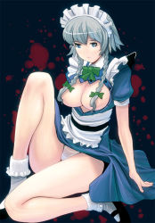 Rule 34 | 1girl, bad id, bad pixiv id, bare legs, blood, blue eyes, bow, braid, breasts, censored, convenient censoring, female focus, hair bow, hair censor, hair over breasts, izayoi sakuya, kouno (masao), leg up, legs, long hair, long legs, maid headdress, open clothes, open shirt, panties, pantyshot, shirt, silver hair, solo, thighs, touhou, twin braids, unbuttoned, underwear, upskirt, white panties