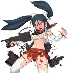 Rule 34 | 10s, 1girl, blush, breasts, detached sleeves, exploding clothes, green eyes, groin, gun, hair ribbon, isuzu (kancolle), kantai collection, long hair, maruta kentarou, navel, no bra, no panties, open mouth, ribbon, skirt, solo, surprised, thighhighs, torn clothes, twintails, underboob, weapon, white thighhighs