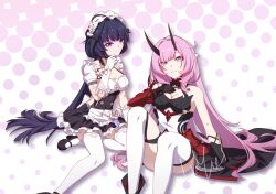 Rule 34 | 2girls, ahoge, arm armor, arm support, armor, bare shoulders, black dress, black footwear, black gloves, black horns, blue eyes, blunt bangs, braid, breasts, chinese commentary, cleavage, commentary request, cosplay, costume switch, detached sleeves, dress, elysia (honkai impact), feet out of frame, foot out of frame, frilled dress, frilled gloves, frilled sleeves, frills, gloves, hair between eyes, halterneck, hand on own chest, hand on own chin, highres, honkai (series), honkai impact 3rd, horns, knees up, large breasts, long hair, long horns, looking at viewer, luyue, maid, multiple girls, pauldrons, pink background, pink hair, pink pupils, pointy ears, polka dot, polka dot background, purple eyes, purple hair, raiden mei, raiden mei (herrscher of thunder), shirt, shoulder armor, signature, single pauldron, sitting, small horns, smile, thighhighs, thighs, white background, white gloves, white shirt, white sleeves, white thighhighs, yokozuwari