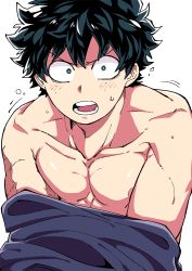 Rule 34 | 1boy, biceps, black hair, blush, boku no hero academia, collarbone, freckles, green eyes, looking at viewer, male focus, midoriya izuku, muscular, open mouth, pectorals, pulling own clothes, scar, shirt, simple background, solo, undressing, upper body, white background, yazaki (yazakc)