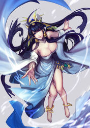Rule 34 | 1girl, animal ears, anklet, bad id, bad pixiv id, bare shoulders, barefoot, black hair, blue eyes, blue hair, blunt bangs, breasts, cat ears, cleavage, closed mouth, detached sleeves, dress, egyptian, floating hair, full body, gem, grey background, hair tubes, hairband, head wings, heart, isis (p&amp;d), jewelry, large breasts, long hair, matching hair/eyes, outstretched arms, puuzaki puuna, puzzle &amp; dragons, reaching, ring, side slit, smile, solo, star (symbol), white dress, wind, wings
